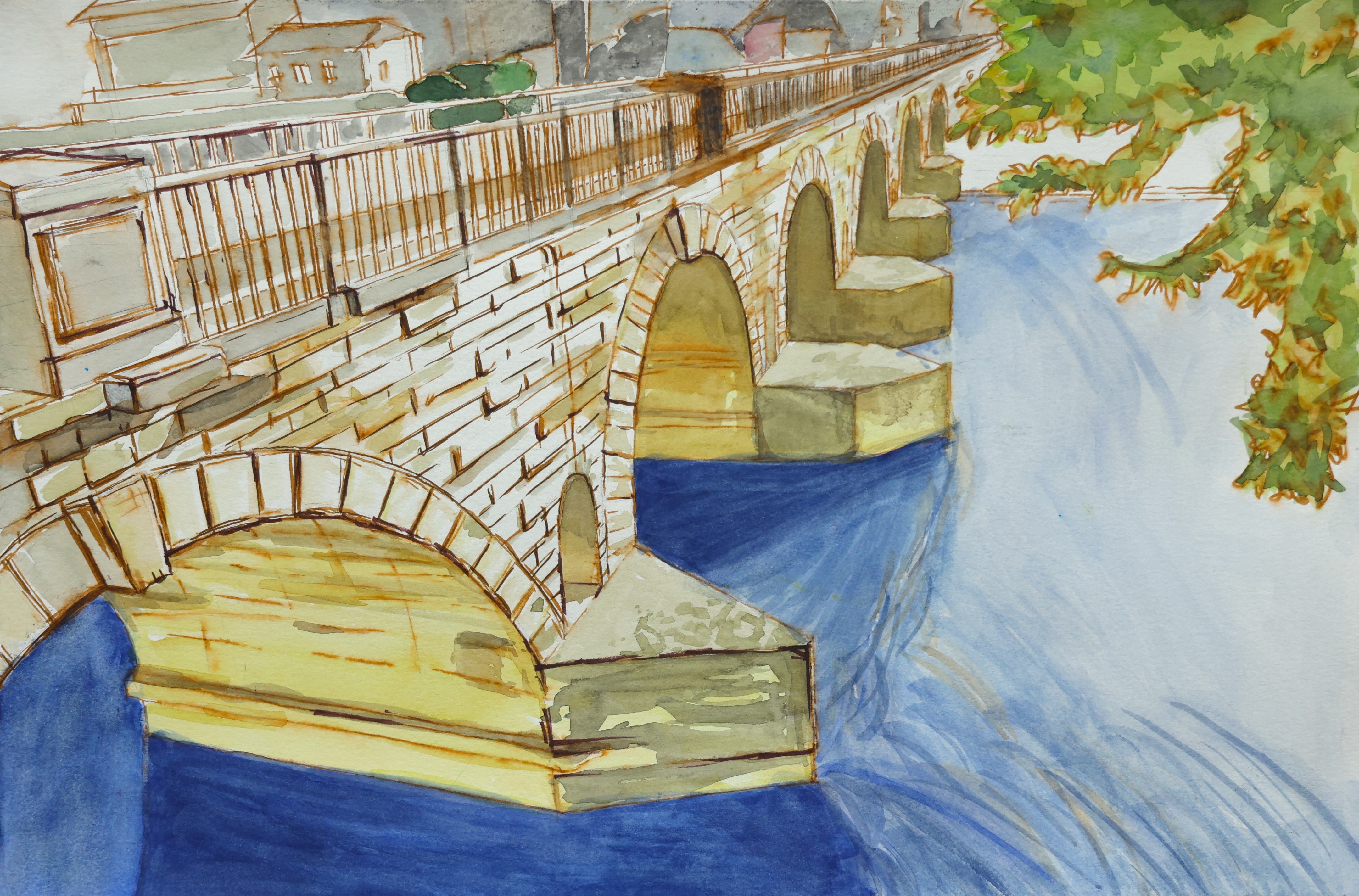 Watercolor of a stone bridge over blue water